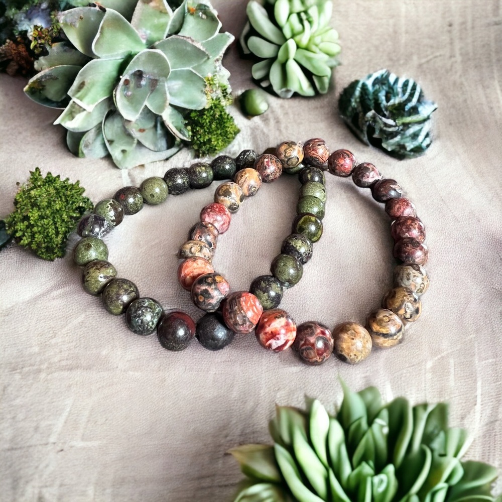 2 Jasper Bead Bracelets Frosted Leopard & Dragon Blood Jasper Protective Energy